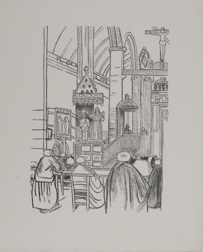 Mathurin MEHEUT : Bretagne, La messe (Noir), Gravure originale signée 2