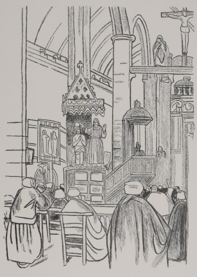 Mathurin MEHEUT : Bretagne, La messe (Noir), Gravure originale signée 2