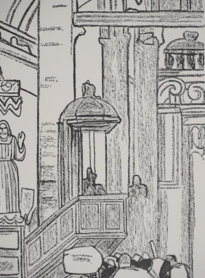 Mathurin MEHEUT : Bretagne, La messe (Noir), Gravure originale signée 2