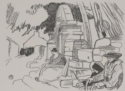 Mathurin MEHEUT : Bretagne, Le repos après la cérémonie (Noir), Gravure originale signée 2
