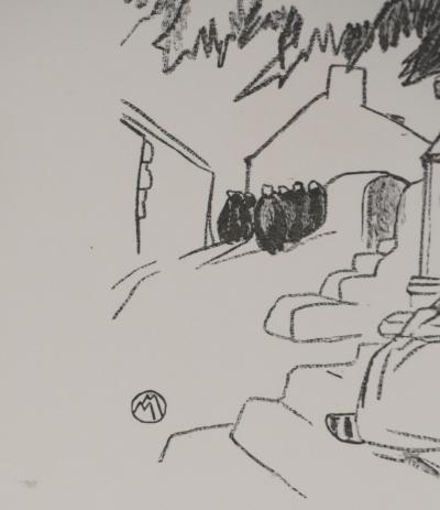 Mathurin MEHEUT : Bretagne, Le repos après la cérémonie (Noir), Gravure originale signée 2