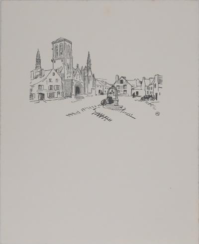 Mathurin MEHEUT : Bretagne, Bretagne, Eglise de Saint Ronan à Locronan  (Noir), Gravure originale signée 2