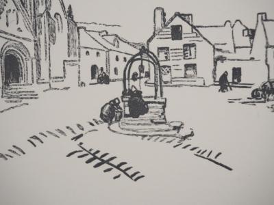 Mathurin MEHEUT : Bretagne, Bretagne, Eglise de Saint Ronan à Locronan  (Noir), Gravure originale signée 2
