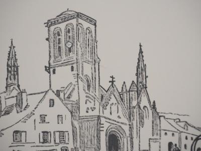 Mathurin MEHEUT : Bretagne, Bretagne, Eglise de Saint Ronan à Locronan  (Noir), Gravure originale signée 2