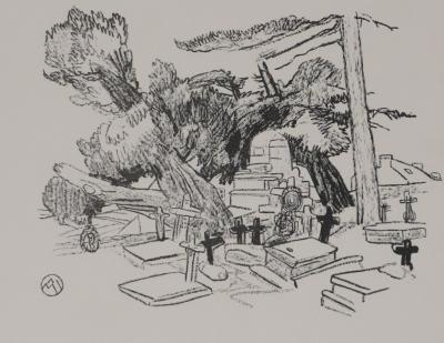 Mathurin MEHEUT : Bretagne, Les tombeaux sous les pins (Noir), Gravure originale signée 2