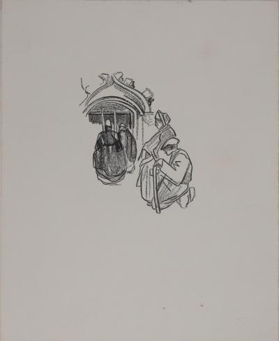 Mathurin MEHEUT : Bretagne, L'entrée de l'église (Noir), Gravure originale signée 2
