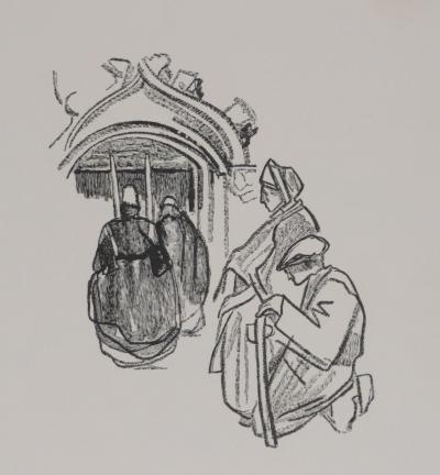 Mathurin MEHEUT : Bretagne, L'entrée de l'église (Noir), Gravure originale signée 2