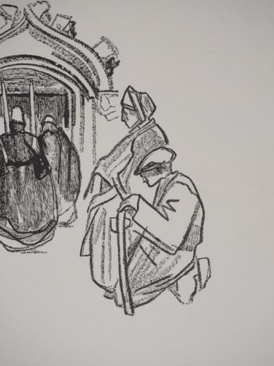 Mathurin MEHEUT : Bretagne, L'entrée de l'église (Noir), Gravure originale signée 2