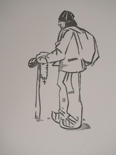 Mathurin MEHEUT : Bretagne, Bretagne, Berger au chapelet (Noir), Gravure originale signée 2