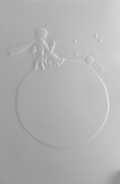 Antoine DE SAINT-EXUPERY : Le petit prince regarde le coucher du soleil, Gravure sur bois