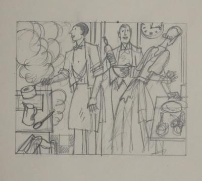 Jean-Emile LABOUREUR : En cuisine, Dessin original 2