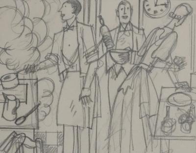 Jean-Emile LABOUREUR : En cuisine, Dessin original 2