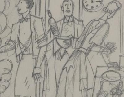 Jean-Emile LABOUREUR : En cuisine, Dessin original 2
