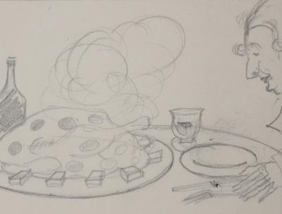 Jean-Emile LABOUREUR : Le plat chaud, Dessin original 2