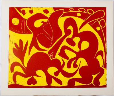 Pablo PICASSO : Dans l'arène (rouge), Linogravure 2