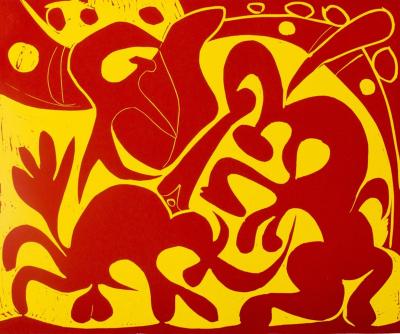 Pablo PICASSO : Dans l'arène (rouge), Linogravure 2