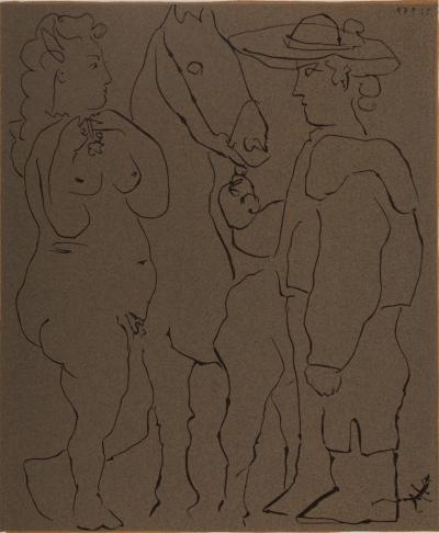 Pablo PICASSO : Amoureux et cheval, Linogravure 2
