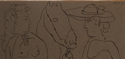 Pablo PICASSO : Amoureux et cheval, Linogravure 2