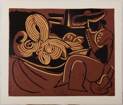 Pablo PICASSO : Femme et joueur de guitare, Linogravure 2