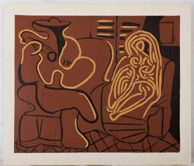 Pablo PICASSO : Femme dans un fauteuil et guitariste, Linogravure 2