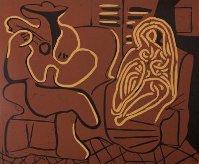 Pablo PICASSO : Femme dans un fauteuil et guitariste, Linogravure 2