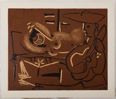 Pablo PICASSO : Femme couchée et guitariste au chapeau, Linogravure 2