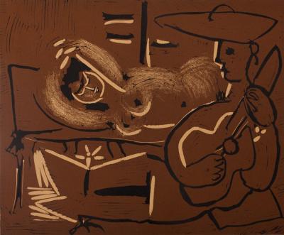 Pablo PICASSO : Femme couchée et guitariste au chapeau, Linogravure 2