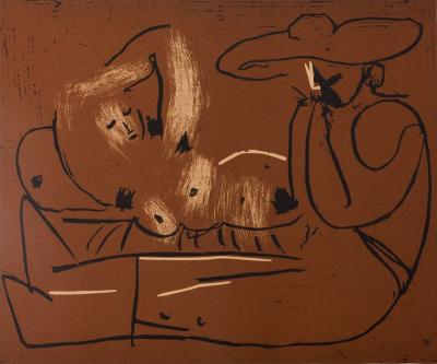 Pablo PICASSO : Nu couché et guitariste au chapeau, Linogravure 2