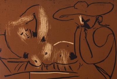 Pablo PICASSO : Nu couché et guitariste au chapeau, Linogravure 2