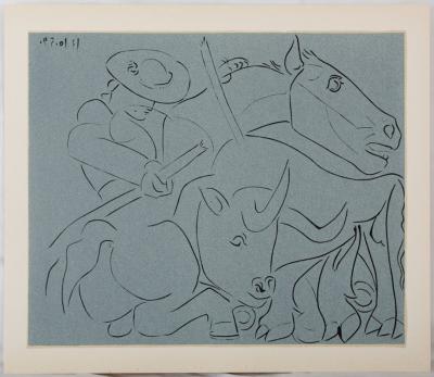 Pablo PICASSO : Taureau désarmant un picador (La pique cassée), Linogravure 2
