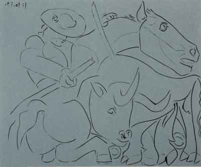 Pablo PICASSO : Taureau désarmant un picador (La pique cassée), Linogravure 2