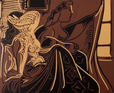 Pablo PICASSO : L'attente : Deux femmes à la fenêtre, Linogravure 2