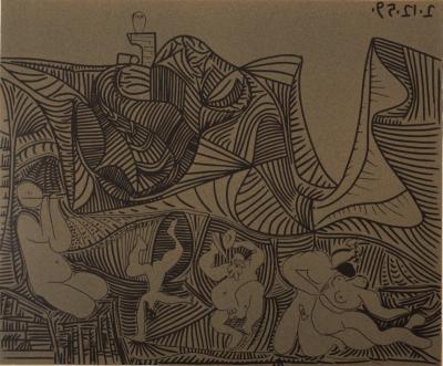 Pablo PICASSO : Bacchanale : Danse de nuit au hibou, Linogravure 2