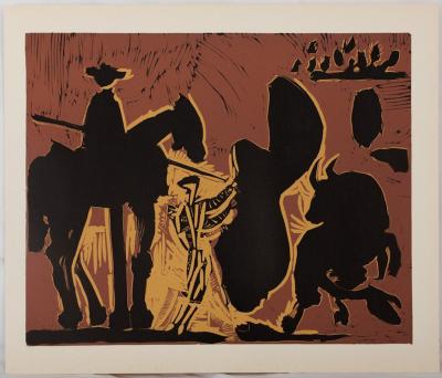Pablo PICASSO : Corrida, Torero face au taureau, Linogravure