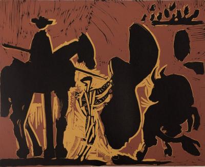 Pablo PICASSO : Corrida, Torero face au taureau, Linogravure 2