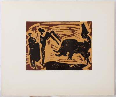 Pablo PICASSO : Taureau chargeant (les banderilles), Linogravure 2