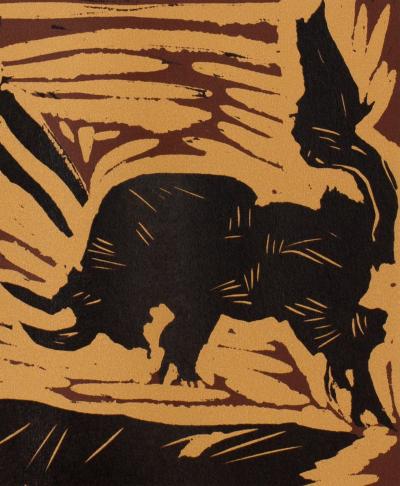 Pablo PICASSO : Taureau chargeant (les banderilles), Linogravure 2