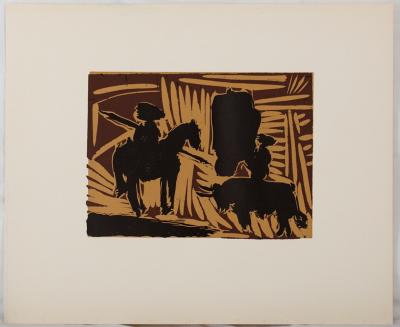 Pablo PICASSO : Corrida : l'entrée du taureau, Linogravure 2