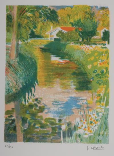 Paul COLLOMB : Canal aux lueurs oranges, Lithographie originale signée 2