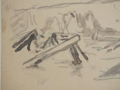 Maximilien LUCE : Normandie, Pieux en bois sur la plage, Dessin originale signée 2