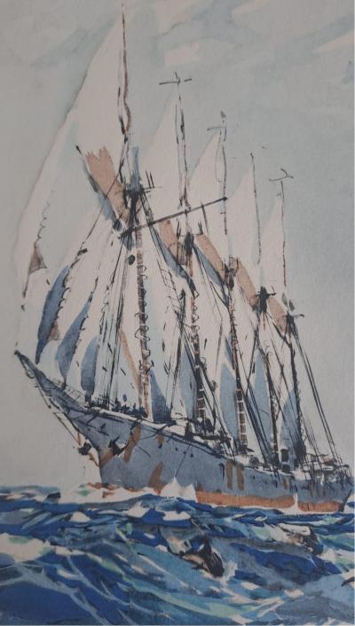 Marin Marie - Cinq mâts - Lithographie, signée et coloriée à la main 2