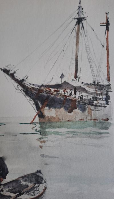 Marin Marie - Marin sur sa barque - Lithographie originale, signée et coloriée à la main 2