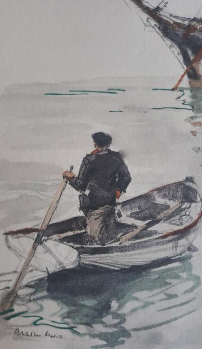 Marin Marie - Marin sur sa barque - Lithographie originale, signée et coloriée à la main 2