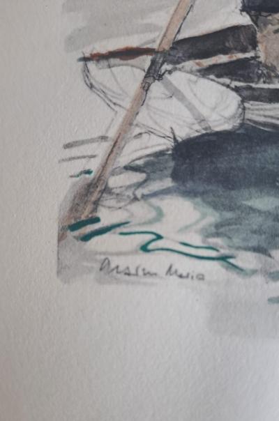 Marin Marie - Marin sur sa barque - Lithographie originale, signée et coloriée à la main 2