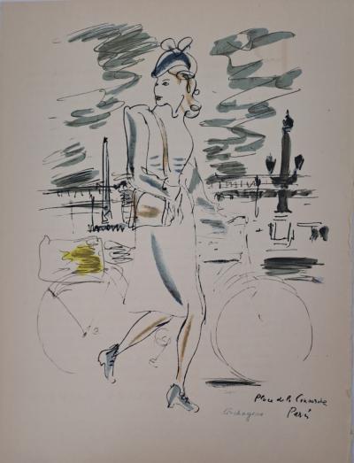 Louis Touchargues - Parisienne en vélo, place de la Concorde, 1945 - Lithographie 2