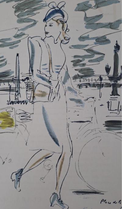 Louis Touchargues - Parisienne en vélo, place de la Concorde, 1945 - Lithographie 2