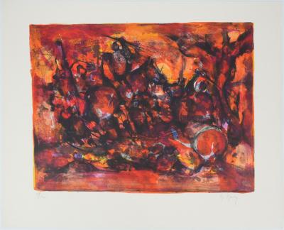 Marcel MOULY : Combat rouge, Lithographie originale signée 2