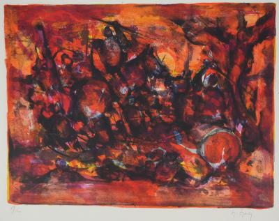 Marcel MOULY : Combat rouge, Lithographie originale signée 2