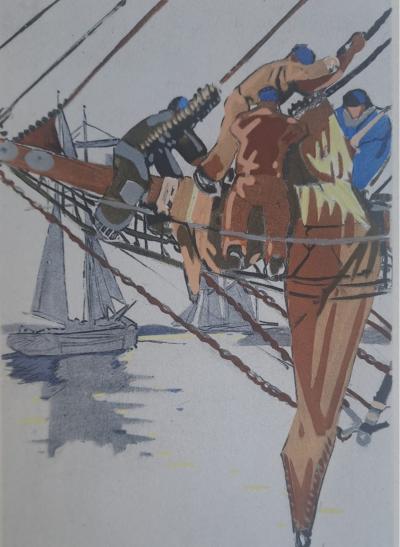 Mathurin Méheut (d’après) - Marins sur la proue - Phototypie, coloris aux pochoirs de Beaufumé 2