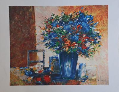 François d’Izarny - Nature morte au bouquet flamboyant - Lithographie originale signée 2